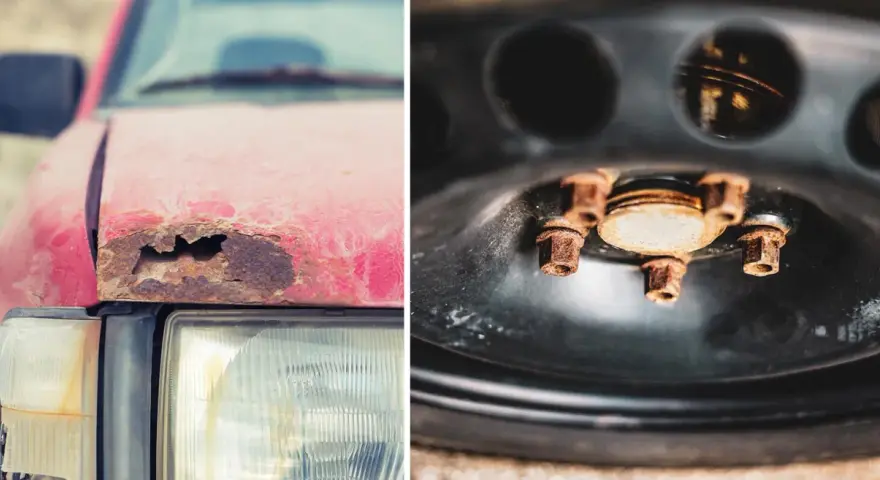 Rostskyddsbehandling gammal bil: en röd bil med rost på motorhuven och rostiga bultar på ett hjul.