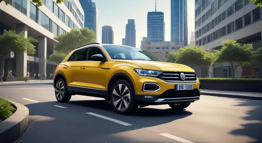 Gul Volkswagen T-Roc kör på en stadsgata, med höga byggnader och träd i bakgrunden. Ett potentiellt t-roc problem kan vara att den drar till sig uppmärksamhet.