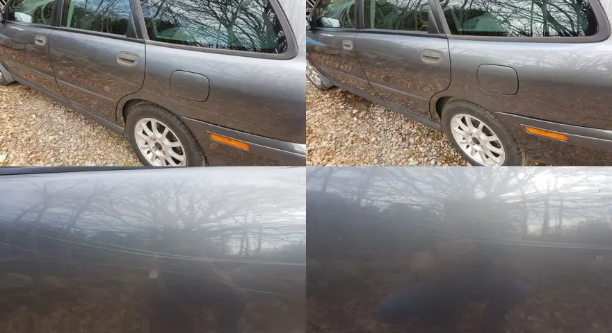 Före och efterbild visar hur man kan polera lackskada på en mörk bil. Reporna syns tydligt före, och efter poleringen är ytan slät och fin.