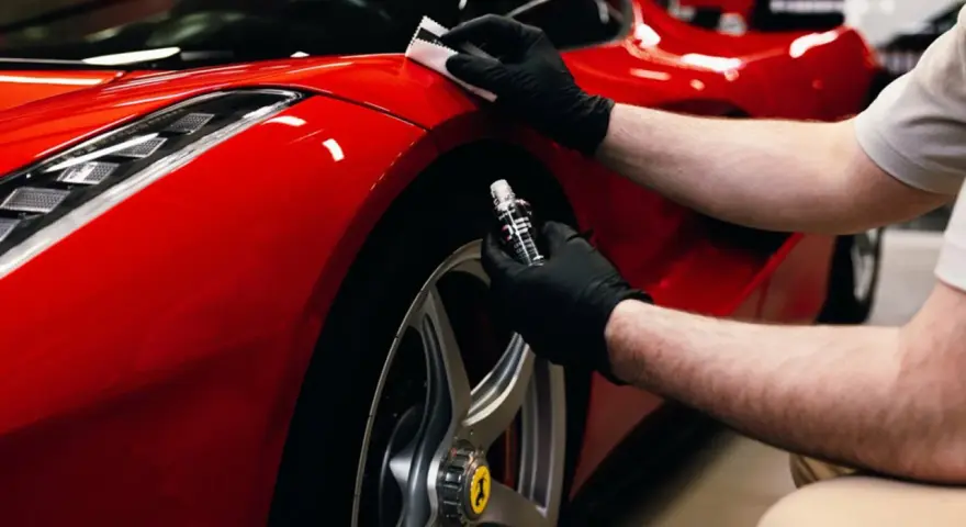 En person med svarta handskar applicerar en skyddande beläggning, troligen **Hydrosilex**, på en röd Ferrari.