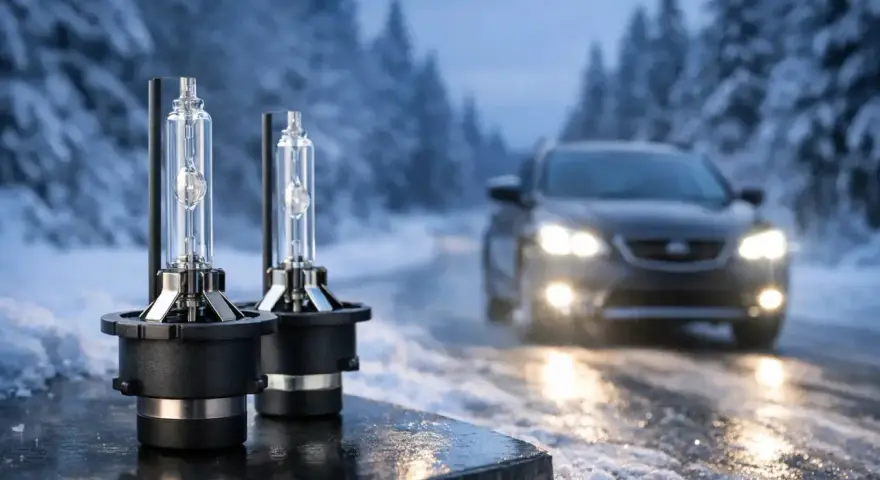 Två nya bilstrålkastare framför en bil som kör i snö. Dessa lampor ger klar sikt, så du vet vilka lampor har min bil.