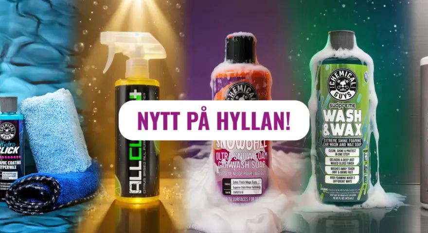 Chemical Guys-produkter för bilvård: Ceramic Coating Kit, Snowball Ultra Snow Foam, Wash & Wax och Heavy Metal Polish. Nytt på hyllan!