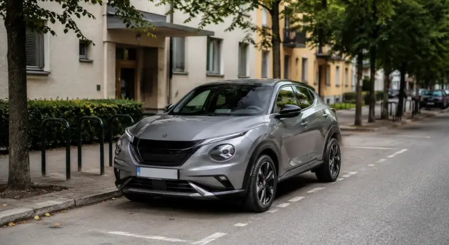 Grå Nissan Juke parkerad längs en gata, med en byggnad och träd i bakgrunden. Kanske ett problem med bilen?