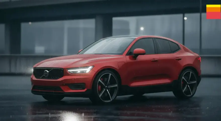 Röd Volvo C40 står i regnet. Enkel bilvård för att vaxa bilen utan att polera.