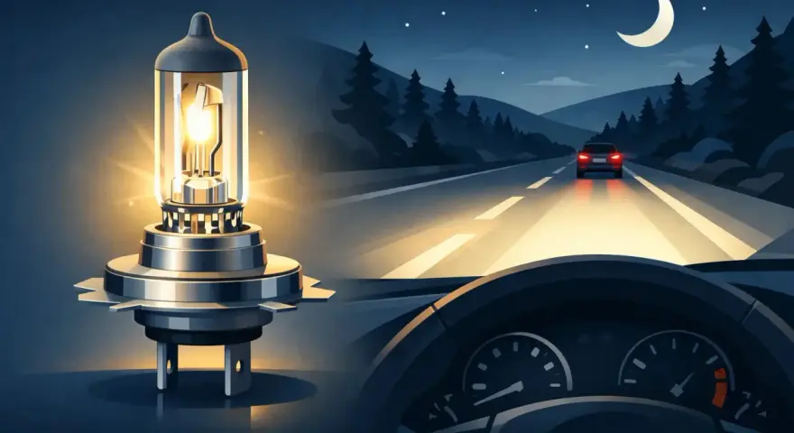 En glödande Osram H4-lampa lyser upp en mörk landsväg. Bilens strålkastare lyser upp vägen framför, med en annan bil i fjärran under en månskära.