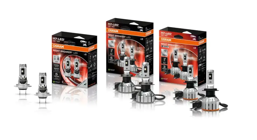 Tre förpackningar med Osram H7 LED-lampor, inklusive Night Breaker LED Speed och Smart. Perfekt för att uppgradera bilens belysning.