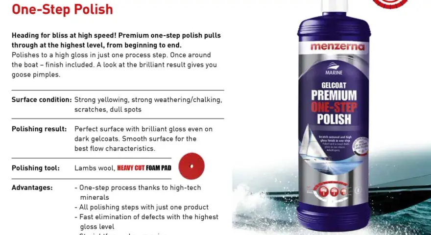 Menzerna Gelcoat Premium One-Step Polish ger en perfekt yta med briljant glans. Enkel process för att ta bort repor och ge hög glans.
