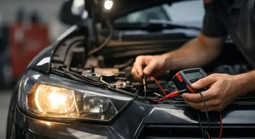 Mekaniker kontrollerar bilens elsystem med multimeter. Halvljuset lyser svagt, vilket tyder på dåligt halvljus.