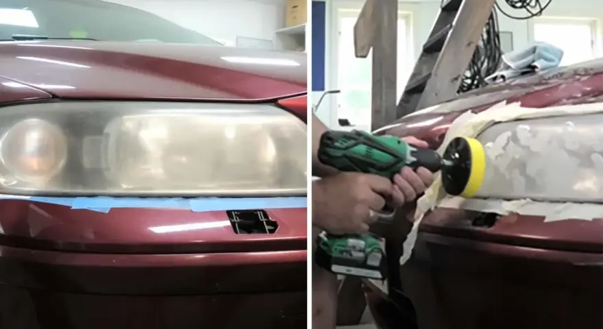 Bilägaren polerar strålkastare med en polermaskin för att få dem klara igen.