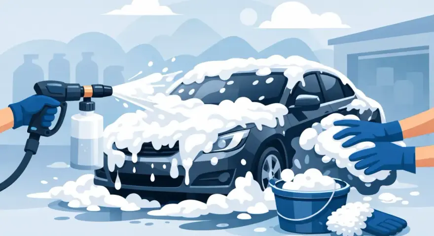 Bil tvättas med rikligt med snöskum. En hand med blå handske sprutar skum från en högtryckstvätt. En annan hand med handske tvättar bilen med en svamp.