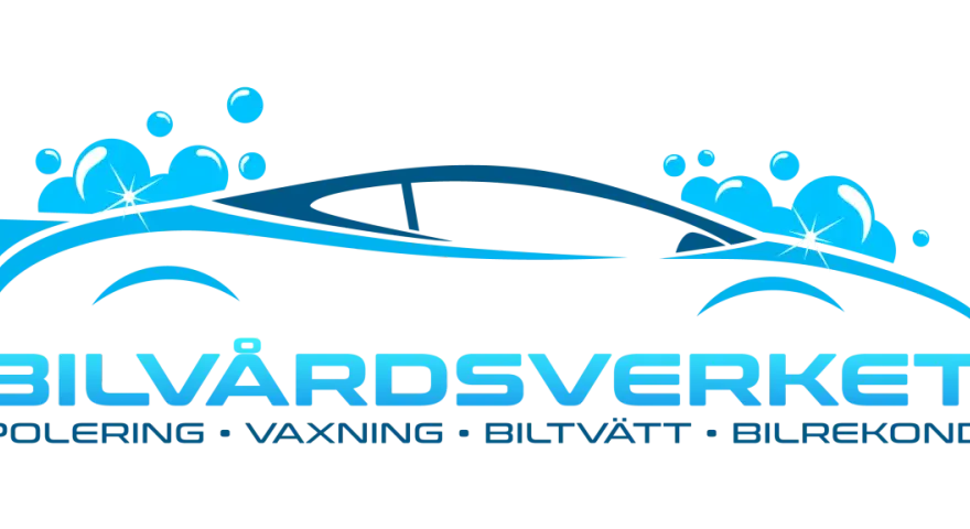 Bilvårdsverket: Polering, vaxning, biltvätt och bilrekond. Logotyp med en stiliserad bil och bubblor.