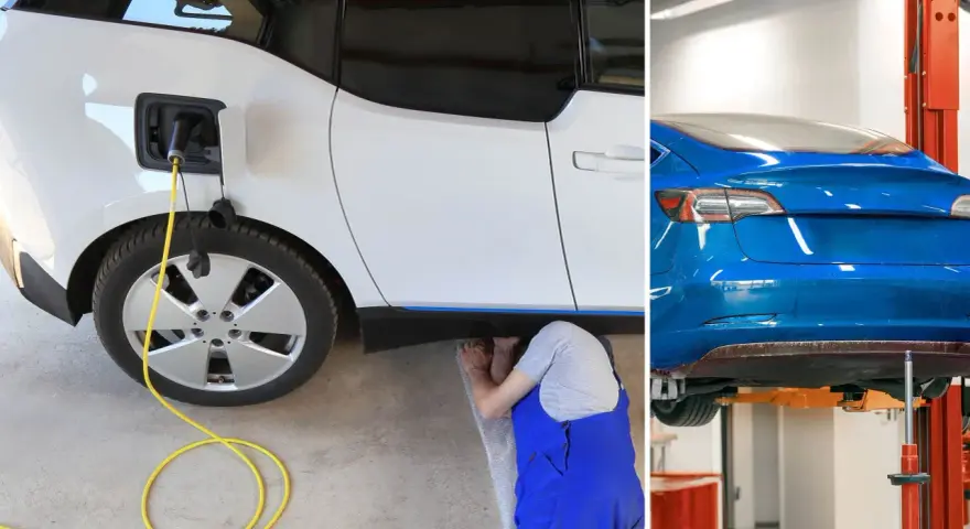 En vit elbil laddas medan en person arbetar under en blå elbil på en lyft. Service elbil är viktigt.