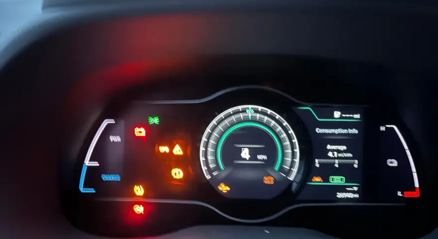 Instrumentpanelen på en Hyundai Kona Electric visar flera varningslampor, vilket indikerar ett problem.