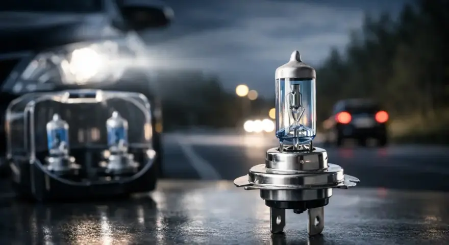 En ensam Osram Night Breaker H7-lampa står redo att lysa upp mörka vägar. I bakgrunden syns en bil med tända strålkastare.