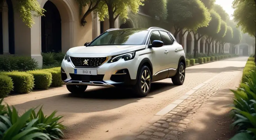 Vit Peugeot 3008 automat parkerad på en grusväg, omgiven av grönska och en herrgård. Kanske en peugeot 3008 automat problem orsakade stoppet här?