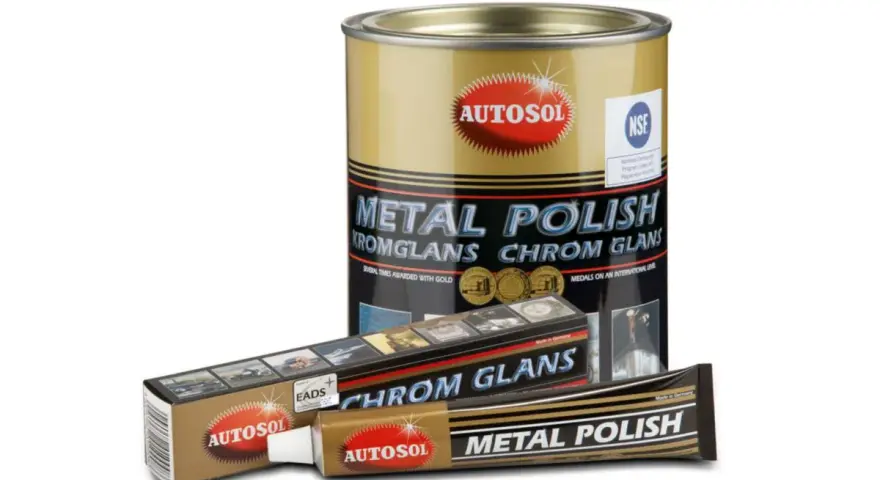 Autosol kromglans för skinande metall. En burk och en tub med polermedel som ger fantastisk glans.