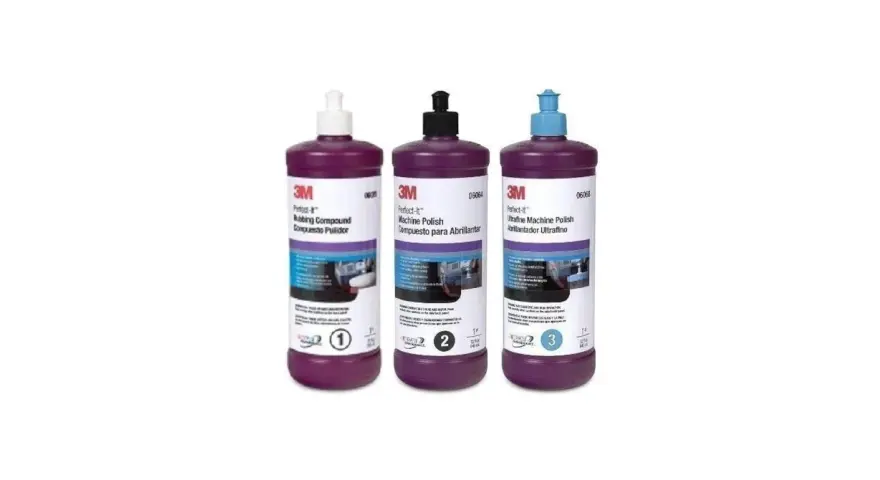 Three bottles of 3M Perfect-It car polishing compounds: Rubbing Compound, Machine Polish, and Ultrafine Machine Polish.