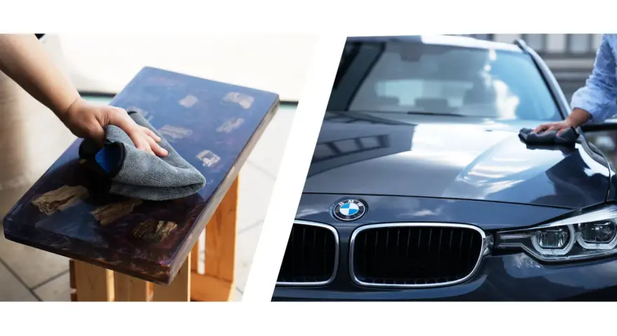 Polering av en epoxytablett och en mörk BMW med en trasa. För en glansig finish, använd Turtle Wax Carnauba.