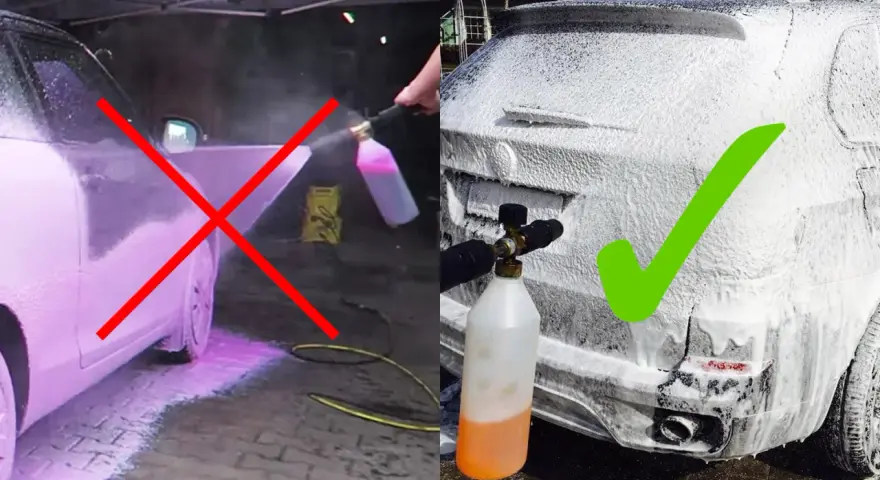 Två bilder visar biltvätt. Vänstra bilden visar felaktig användning av skumrengöring med ett rött kryss. Högra bilden visar korrekt applicering av tjockt skum med en grön bock.