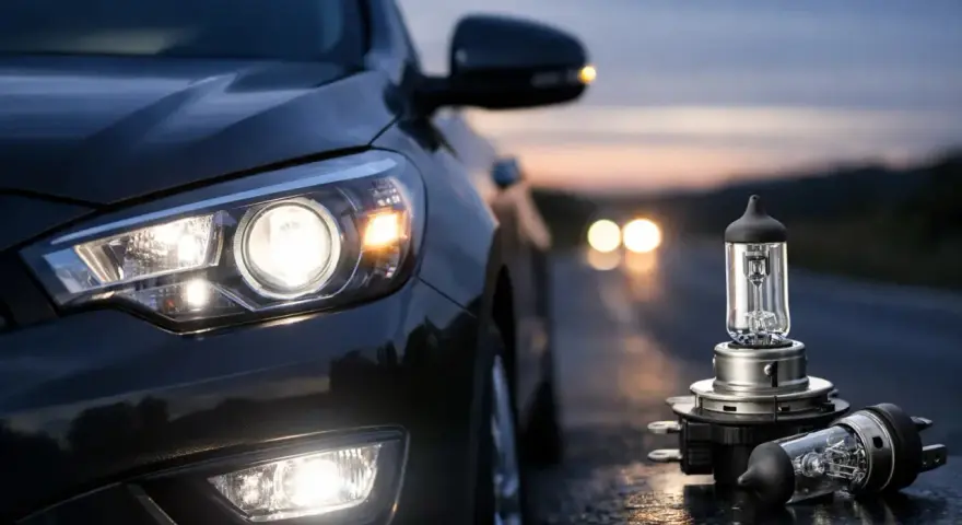 Bilens strålkastare lyser starkt i skymningen. Bredvid bilen ligger nya H7 LED-lampor, redo att ge klarare sikt på vägen.