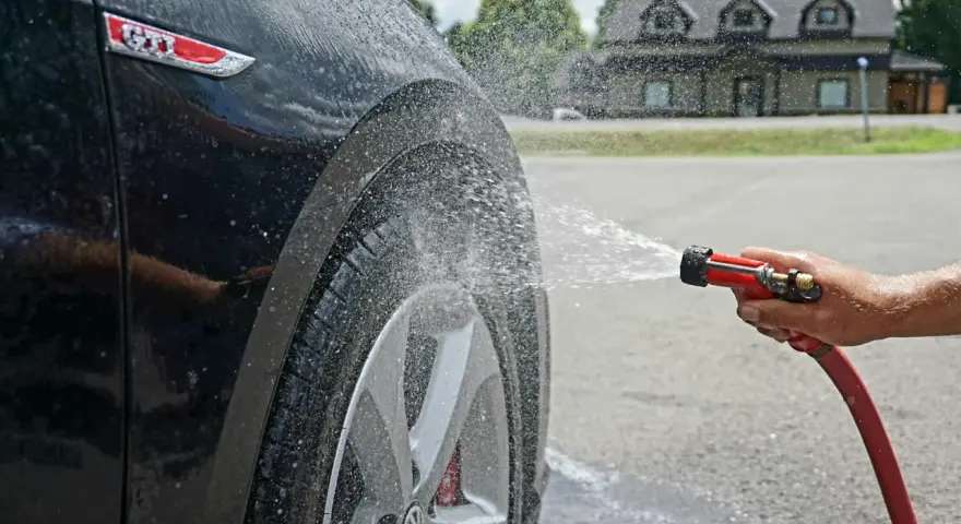 Tvätta bilen hemma medel. Vatten sprutar på en svart GTI-bil.