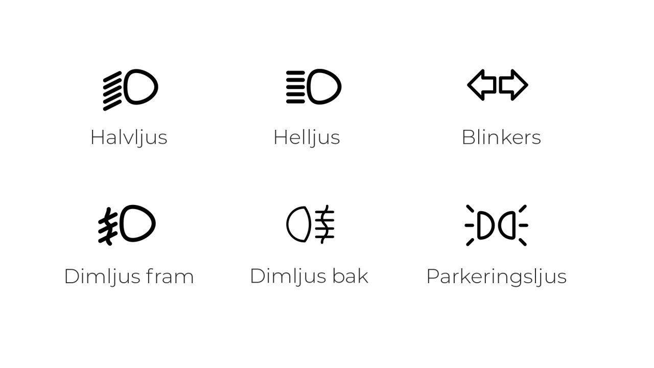 Ikoner f&ouml;r fordonsbelysning: halvljus, helljus, blinkers, dimljus fram, dimljus bak och parkeringsljus.