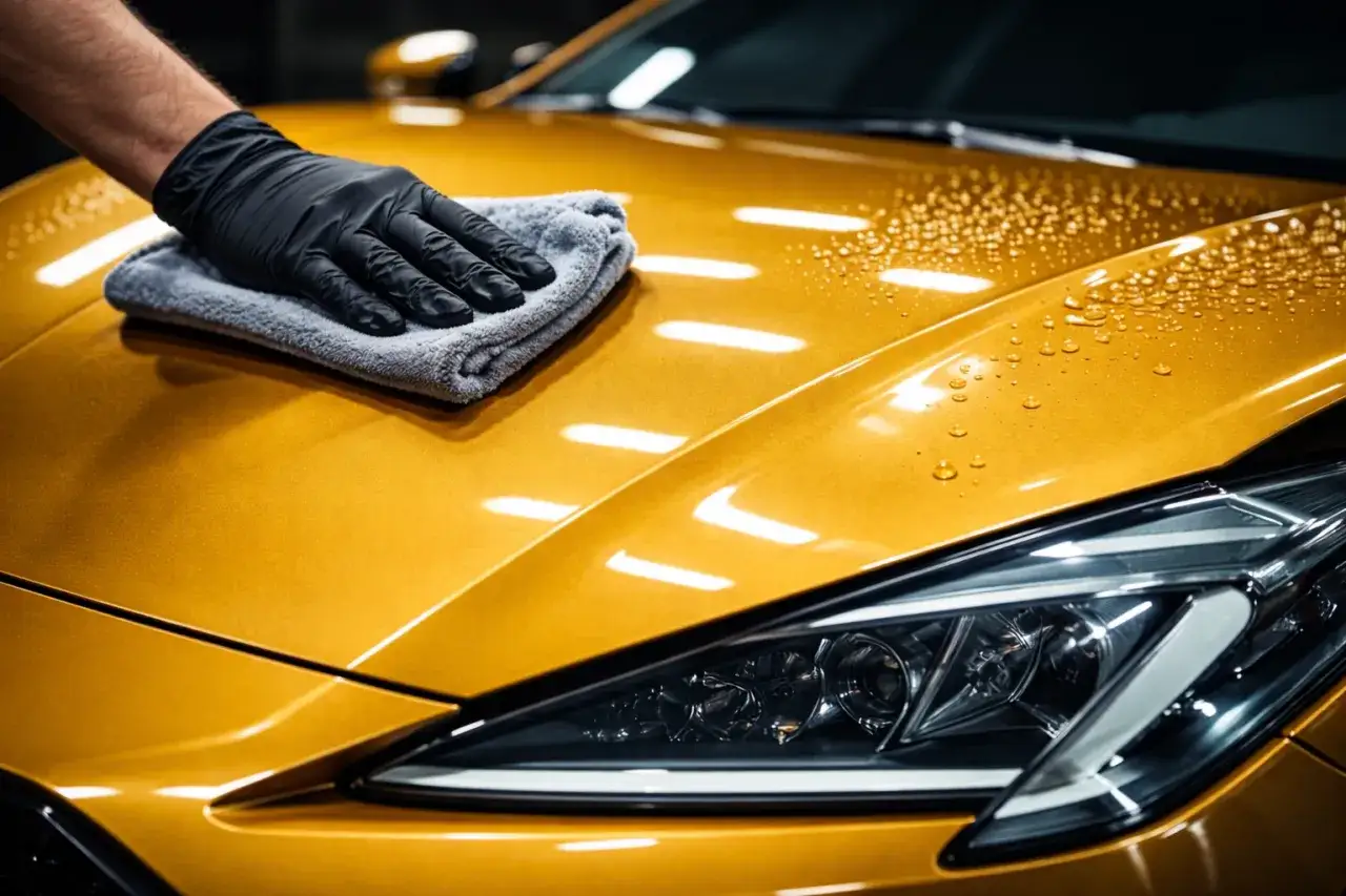 Hand i handske polerar en glänsande gul bil med en mikrofiberduk. En effektiv waterless wash för en perfekt finish.