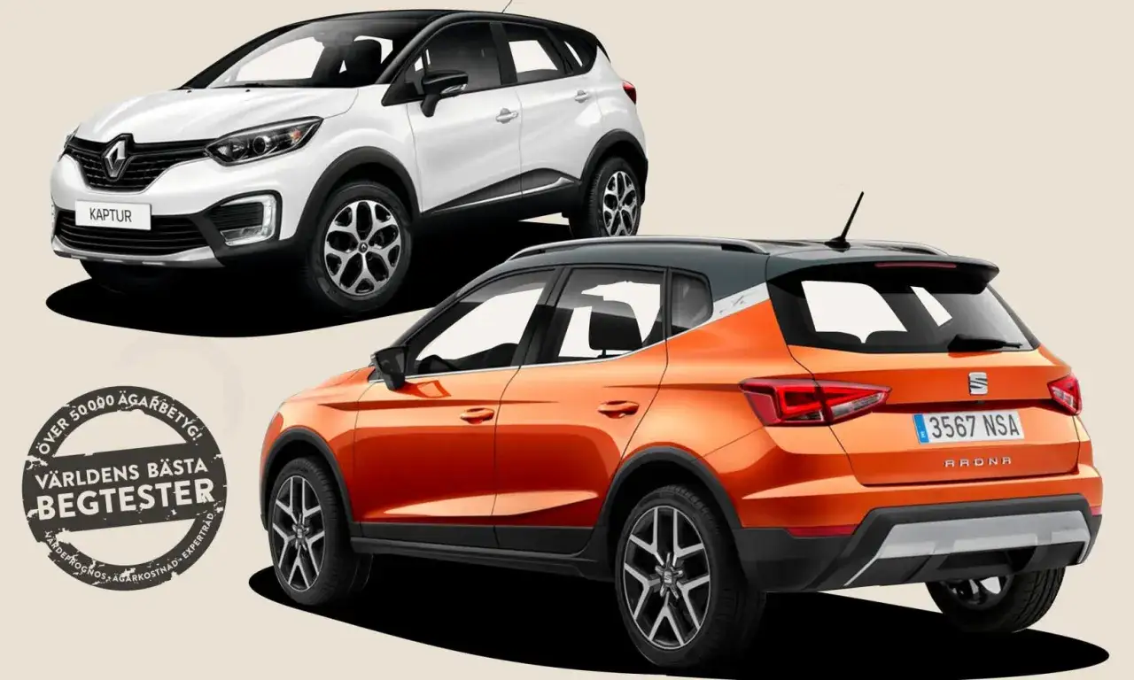 En orange Seat Arona och en vit Renault Captur. En cirkul&auml;r text p&aring; v&auml;nster sida lyder 