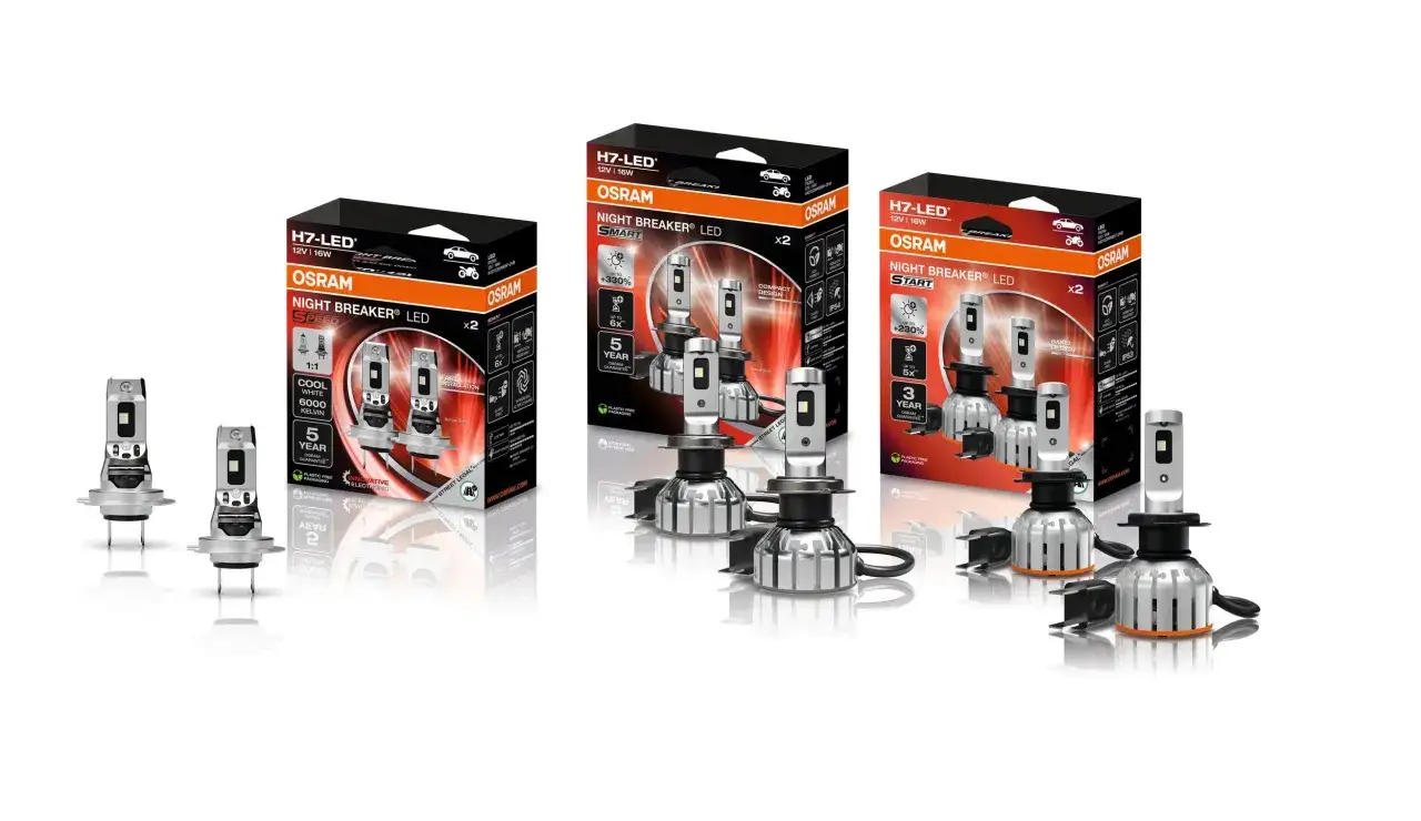 Osram H7 LED-lampor, e-godkända för bättre sikt. Tre förpackningar med LED-lampor för fordon.