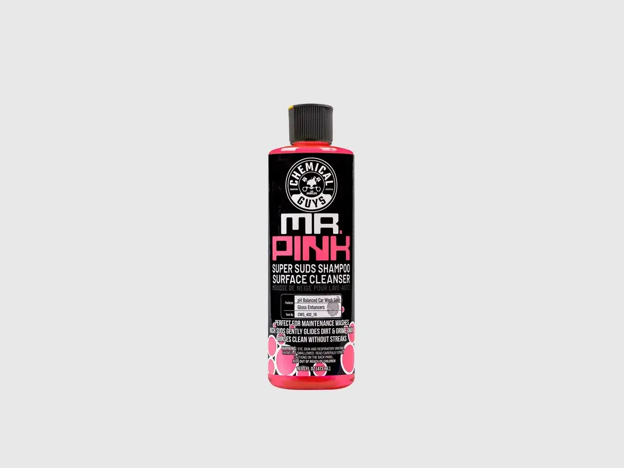 En flaska Mr. Pink bilschampo. Ger rikligt med skum som rengör bilen utan ränder.
