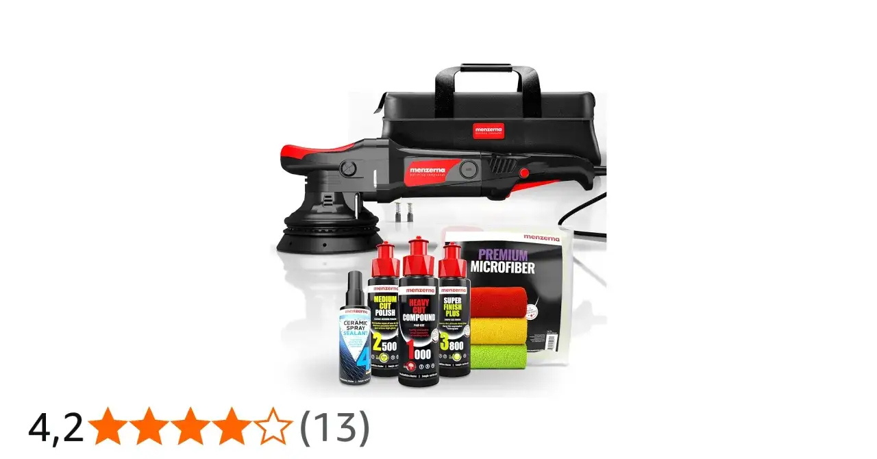Poleringskit med Menzerna 3 in 1 polermedel, polermaskin, mikrofiberdukar och keramiskt skydd för en perfekt finish.