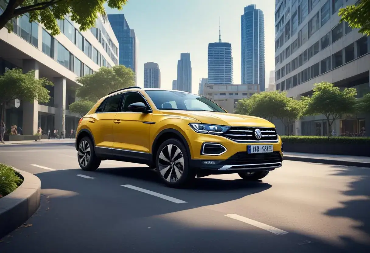 Gul Volkswagen T-Roc k&ouml;r p&aring; en stadsgata, med h&ouml;ga byggnader och tr&auml;d i bakgrunden. Ett potentiellt t-roc problem kan vara att den &auml;r f&ouml;r i&ouml;gonfallande.