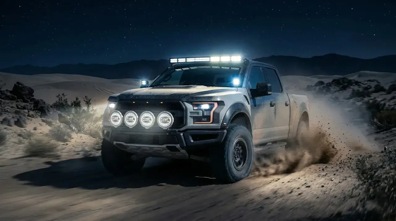 En Ford Raptor kör i öknen under en stjärnklar natt, dess kraftfulla briodlights lyser upp vägen.