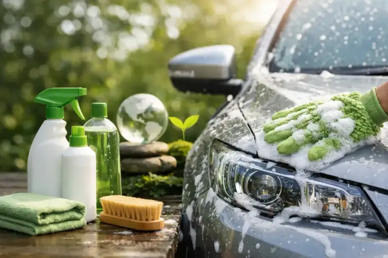 Tvätta bilen hemma med miljövänliga produkter. En hand med tvätthandske tvättar bilen i skum.