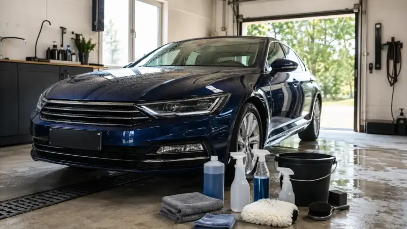 Blå bil i garage med tvättutrustning. En fälgborste ligger redo bredvid en hink och flaskor med rengöringsmedel.
